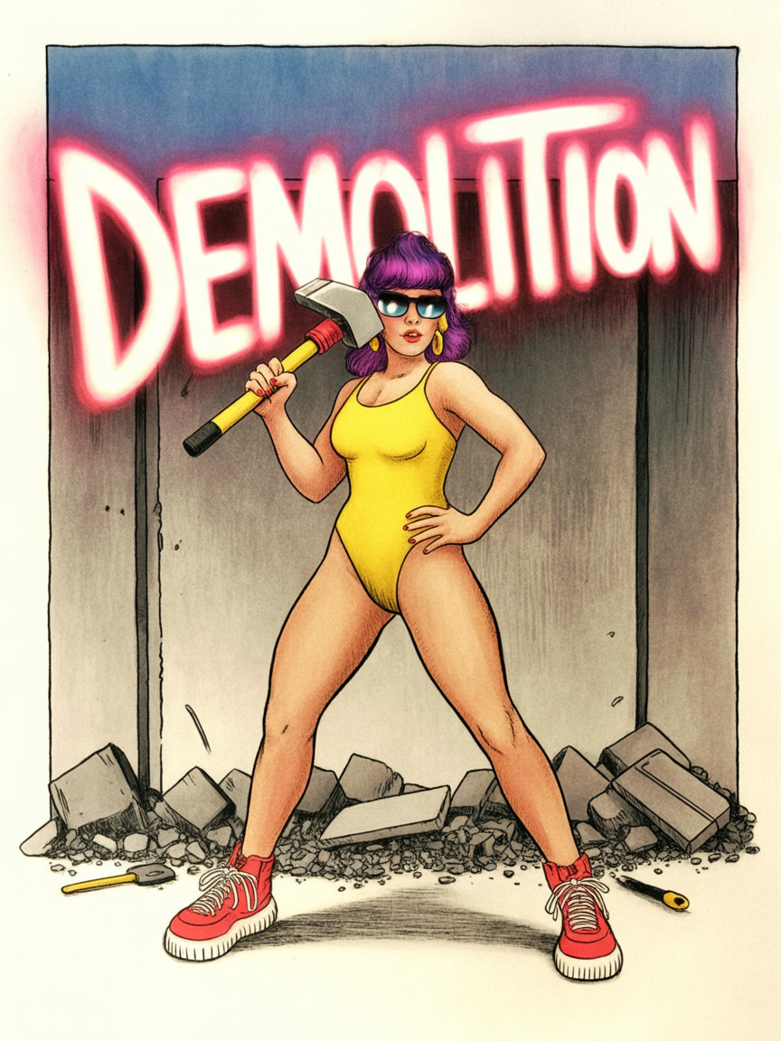 Confident Woman with Axe by Neon "DEMOLITION" Sign