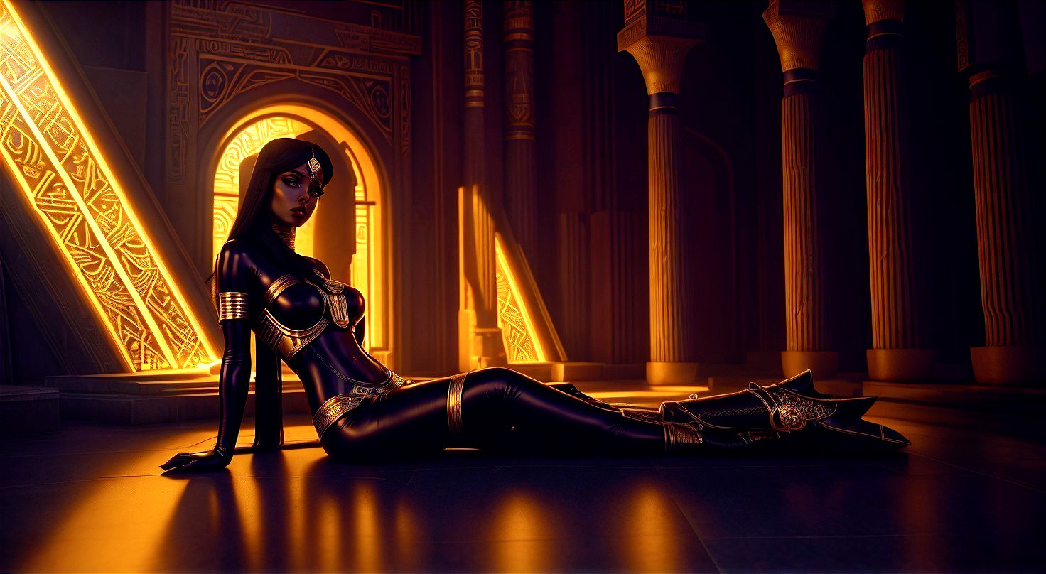 Woman in Dark Outfit Against Golden Hieroglyphics