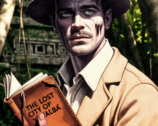Rugged Adventurer in Jungle with Ancient Book