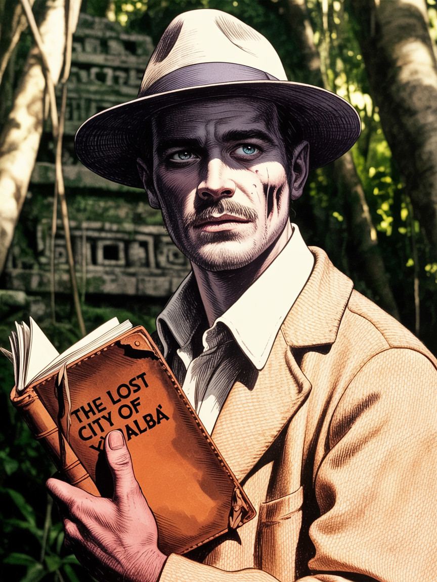Rugged Adventurer in Jungle with Ancient Book