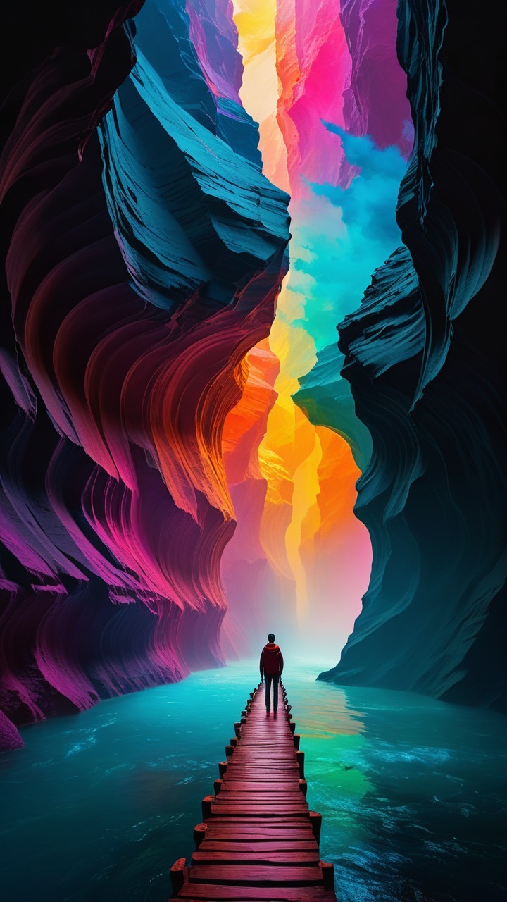Lone Figure in a Colorful Mystical Canyon Scene