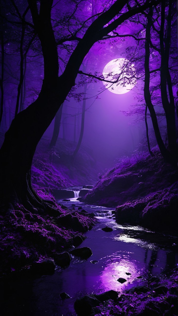 Mystical Forest Scene with Purple Hues and Moonlight