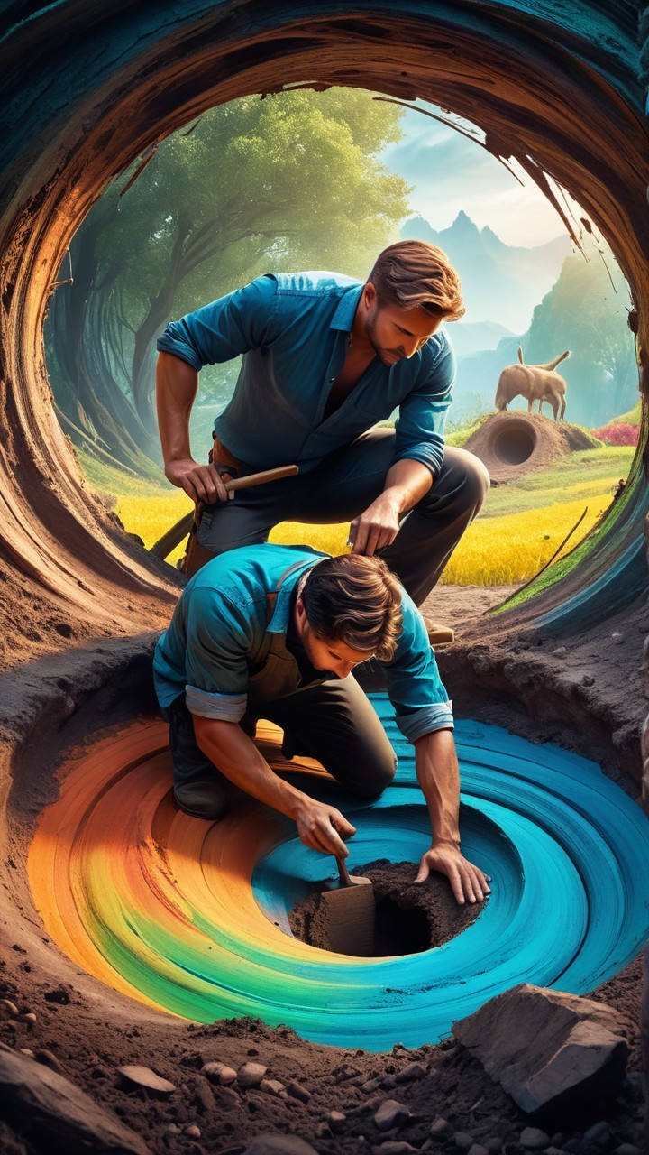 Surreal Landscape with Men Creating Colorful Patterns