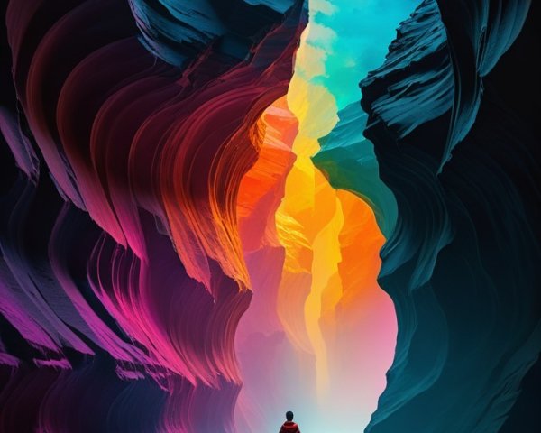 Lone Figure in a Colorful Mystical Canyon Scene