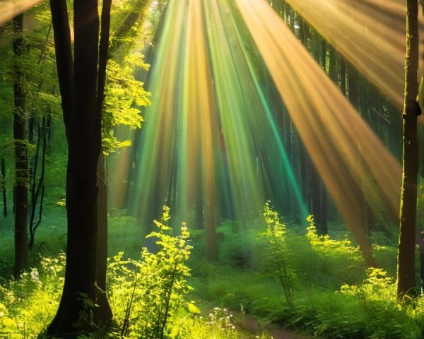 Serene Forest Scene with Golden Sunlight and Foliage
