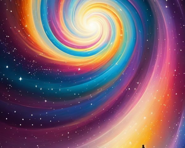 Vibrant Spiral Galaxy with Silhouetted Figure and Landscape