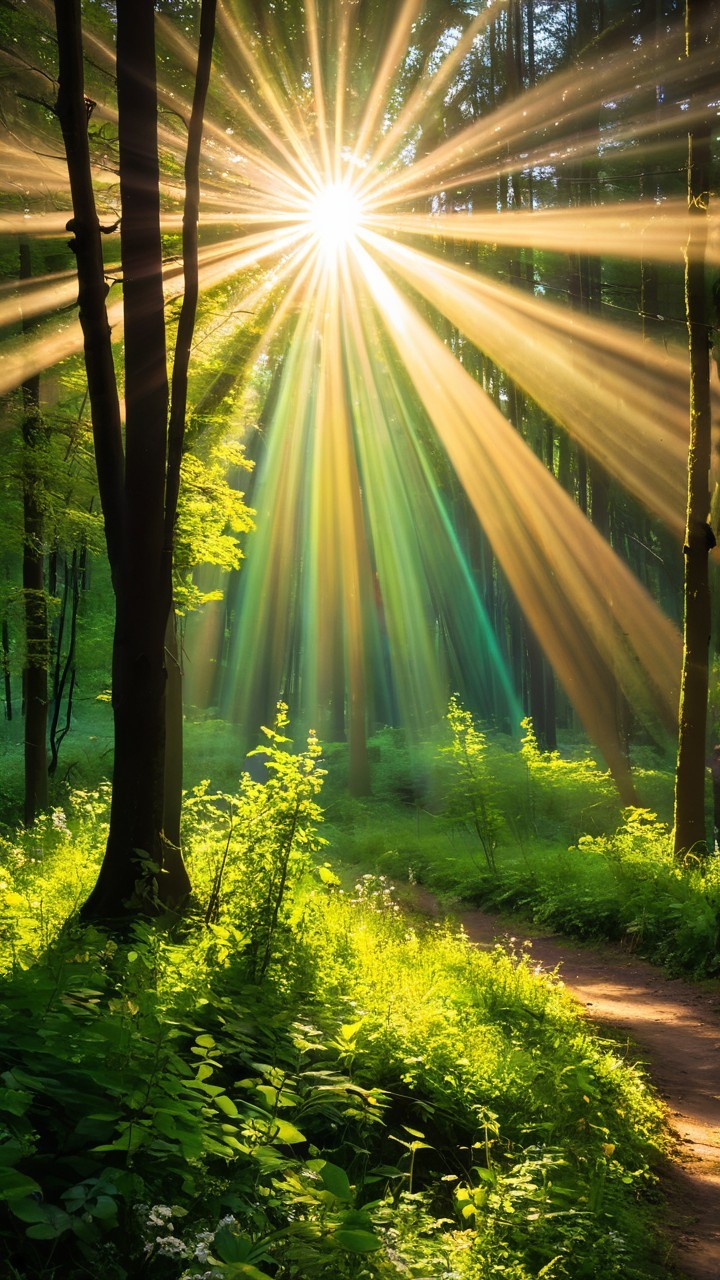 Serene Forest Scene with Golden Sunlight and Foliage