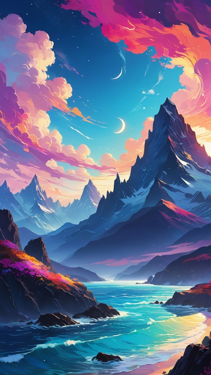 Vibrant Landscape with Majestic Mountains and Water