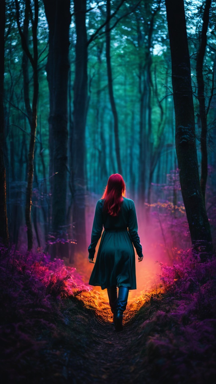 Woman with Red Hair in a Mystical Forest Path