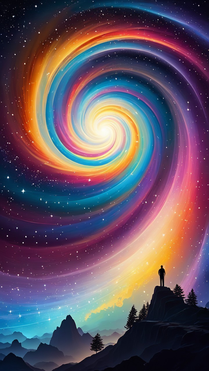 Vibrant Spiral Galaxy with Silhouetted Figure and Landscape