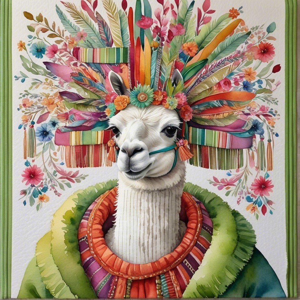 Whimsical Llama Illustration with Floral Headdress