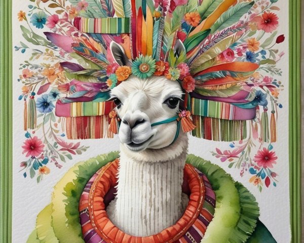 Whimsical Llama Illustration with Floral Headdress
