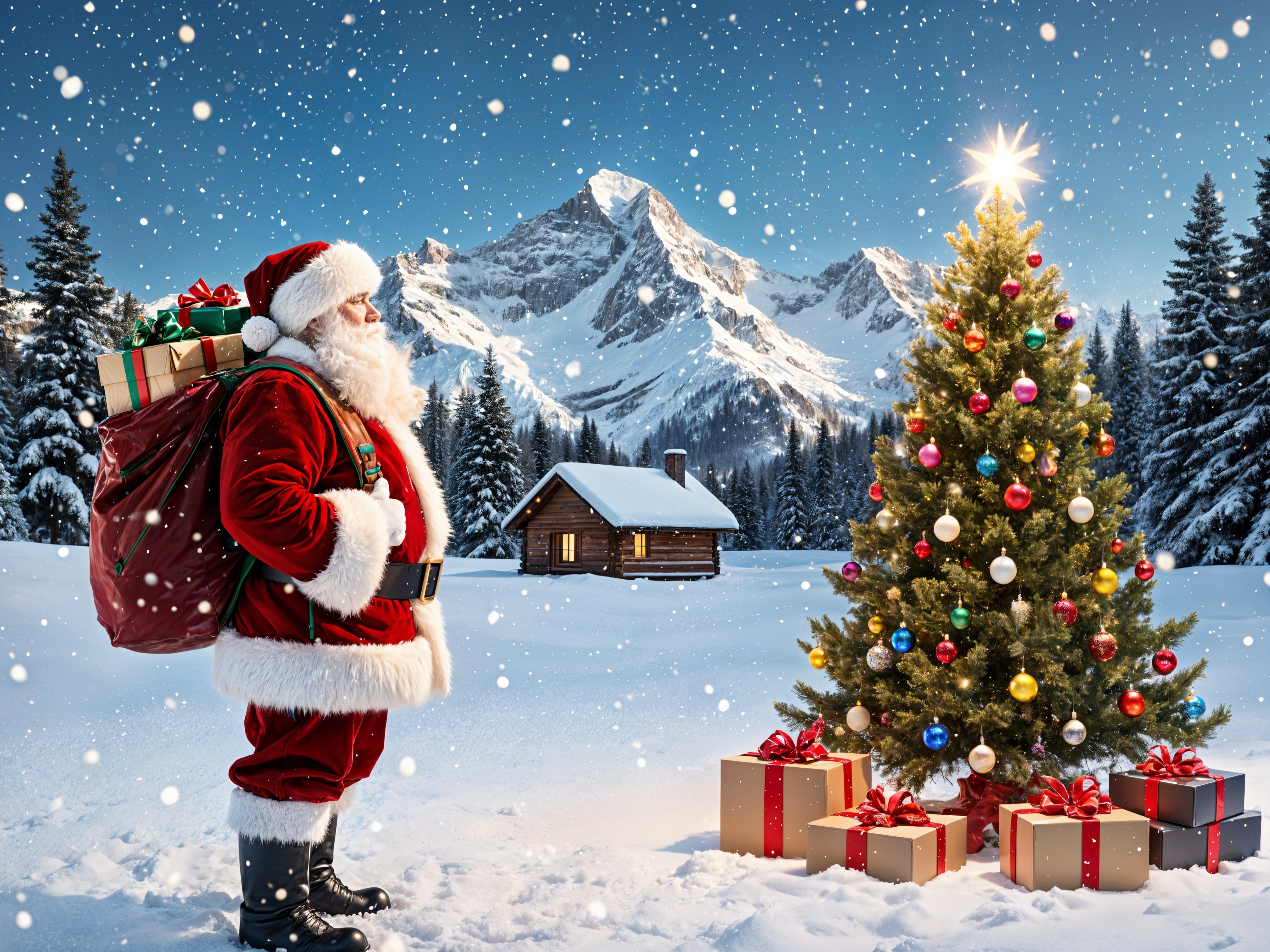 Santa Claus in a snowy landscape with Christmas tree