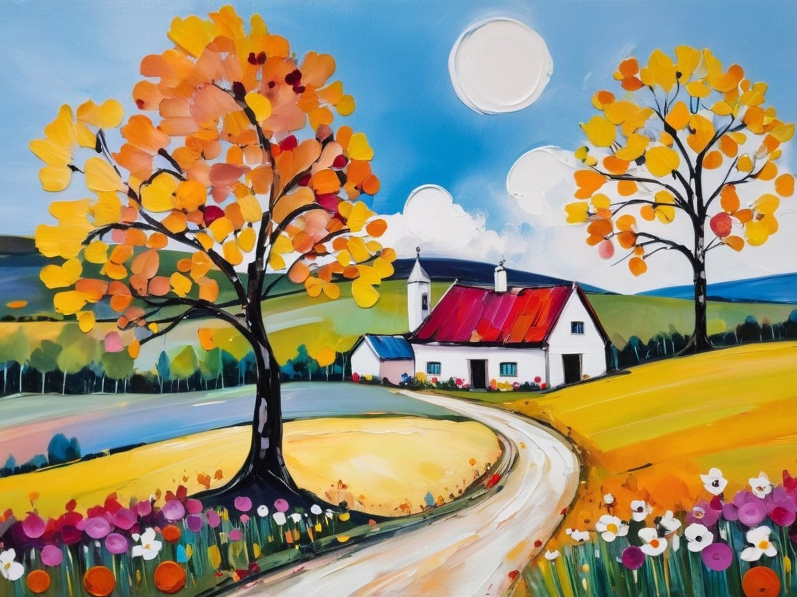 Vibrant countryside scene with cottage and autumn trees