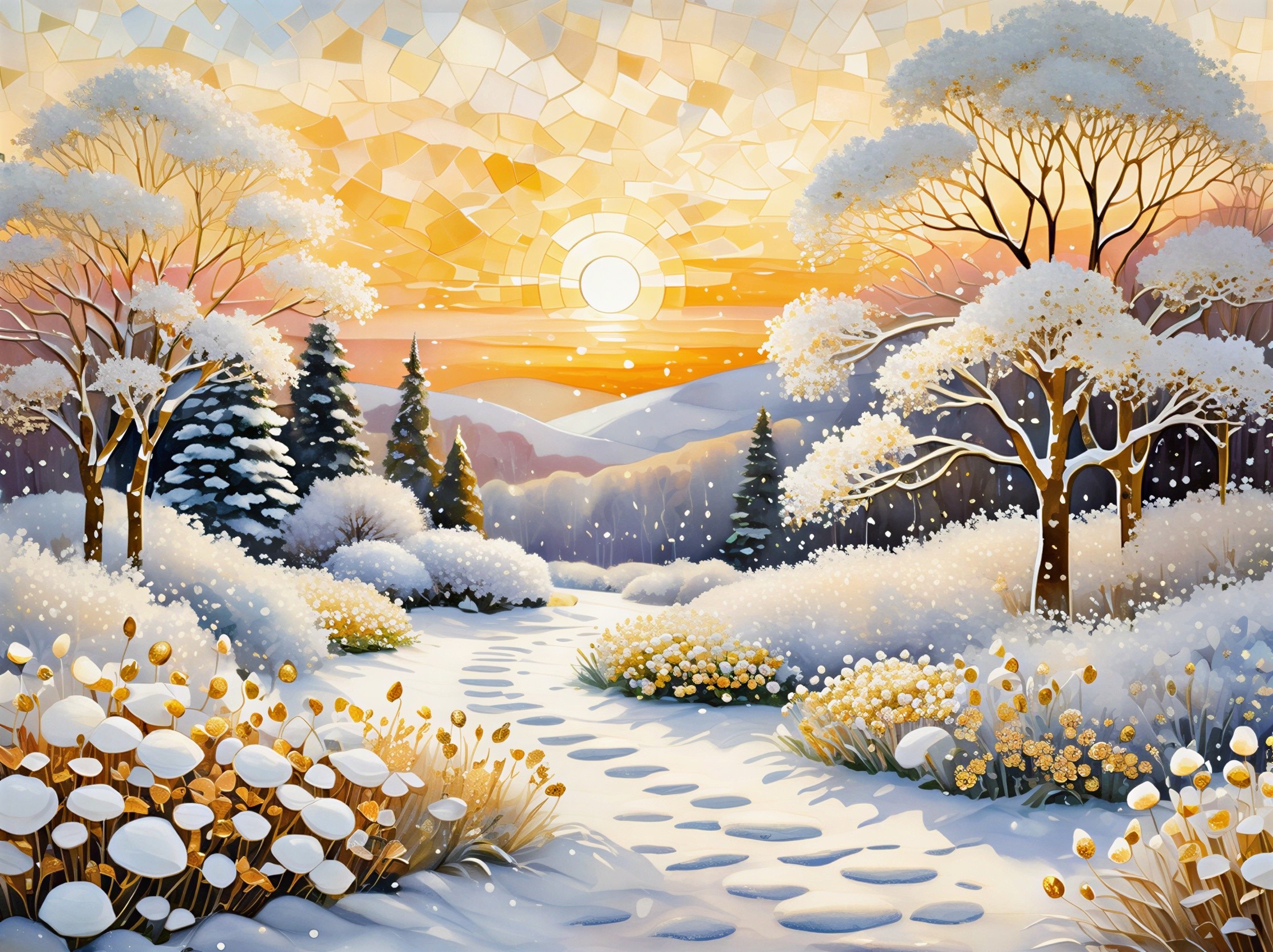 Winter Landscape with Snow-Covered Fields and Sunset