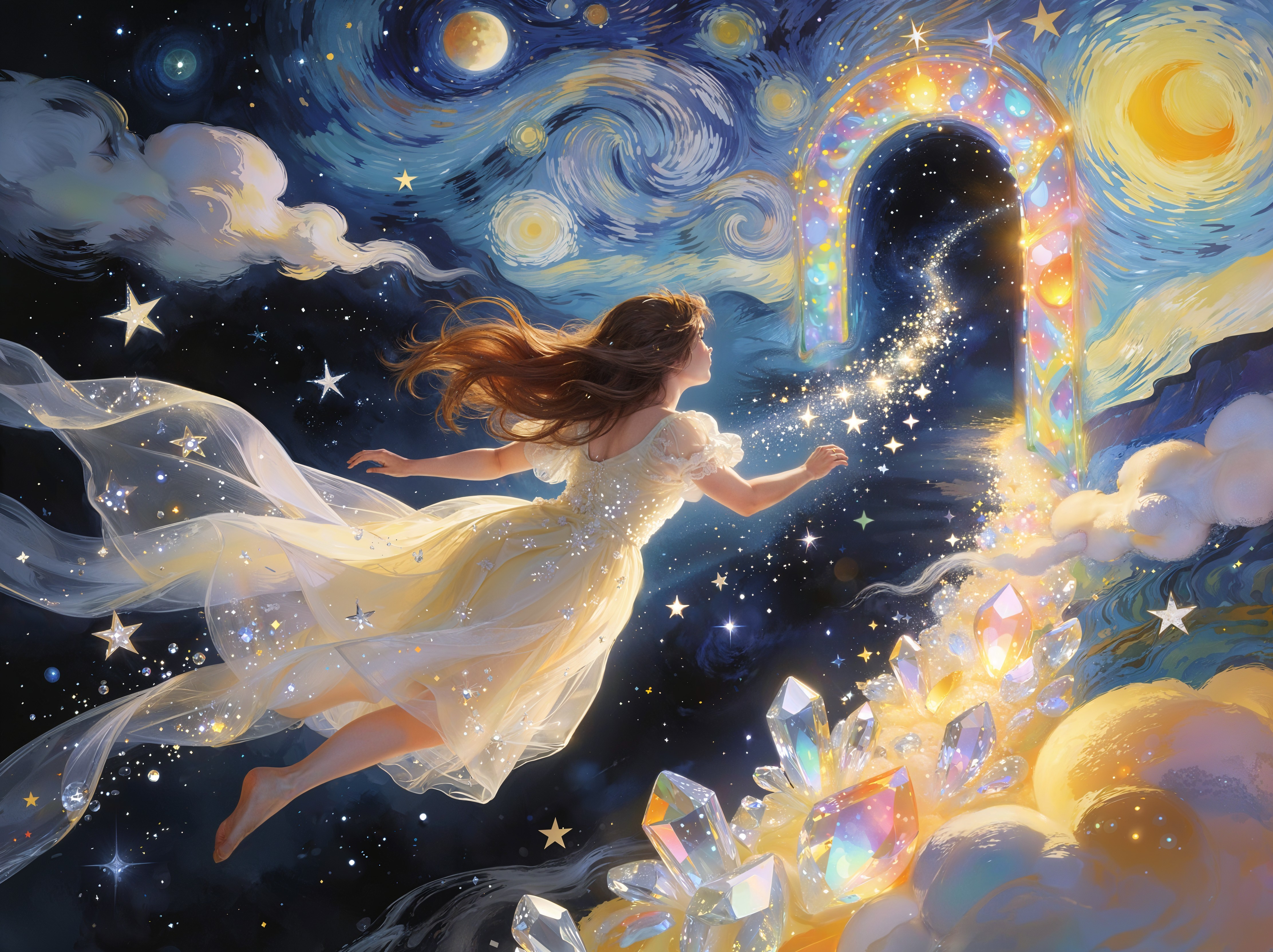 Woman in Sheer Yellow Dress Floating in Starry Sky