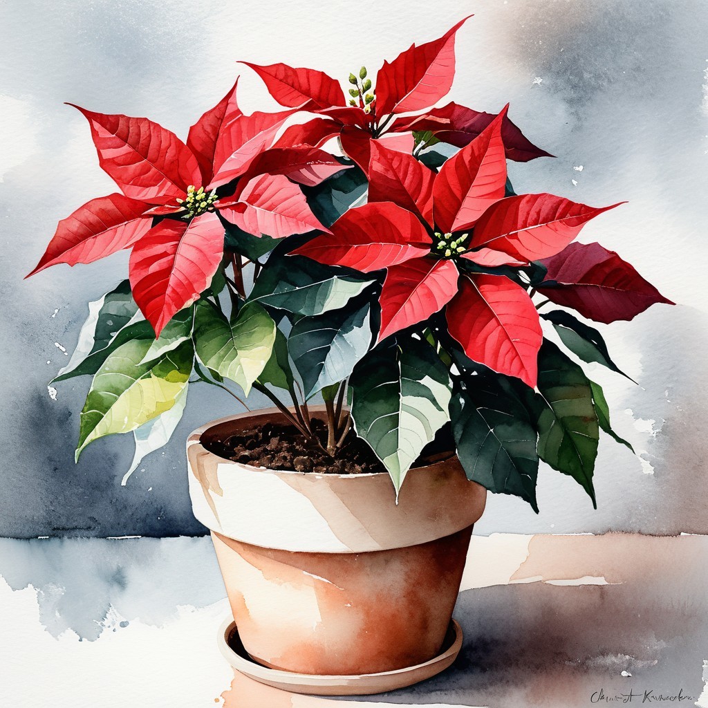 Vibrant Poinsettia Plant in Terracotta Pot Illustration