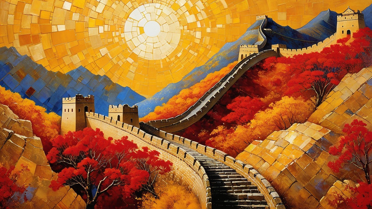 Vibrant Artwork of the Great Wall of China in Autumn
