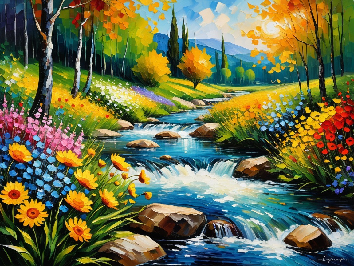 Vibrant Landscape with River and Colorful Flowers