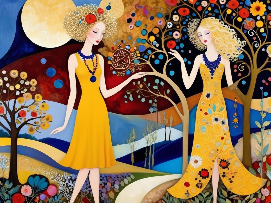 Elegant Women in Whimsical Colorful Landscape