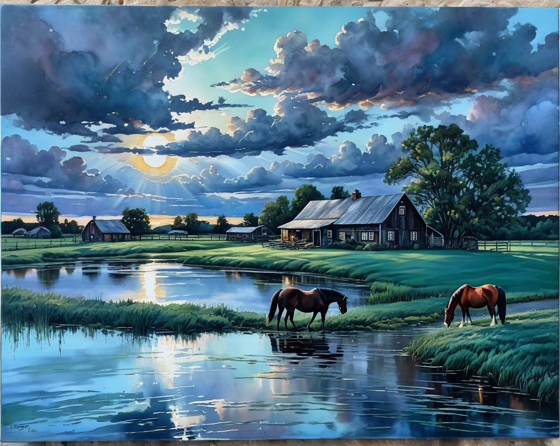 Horses Grazing by a Tranquil Pond at Sunset