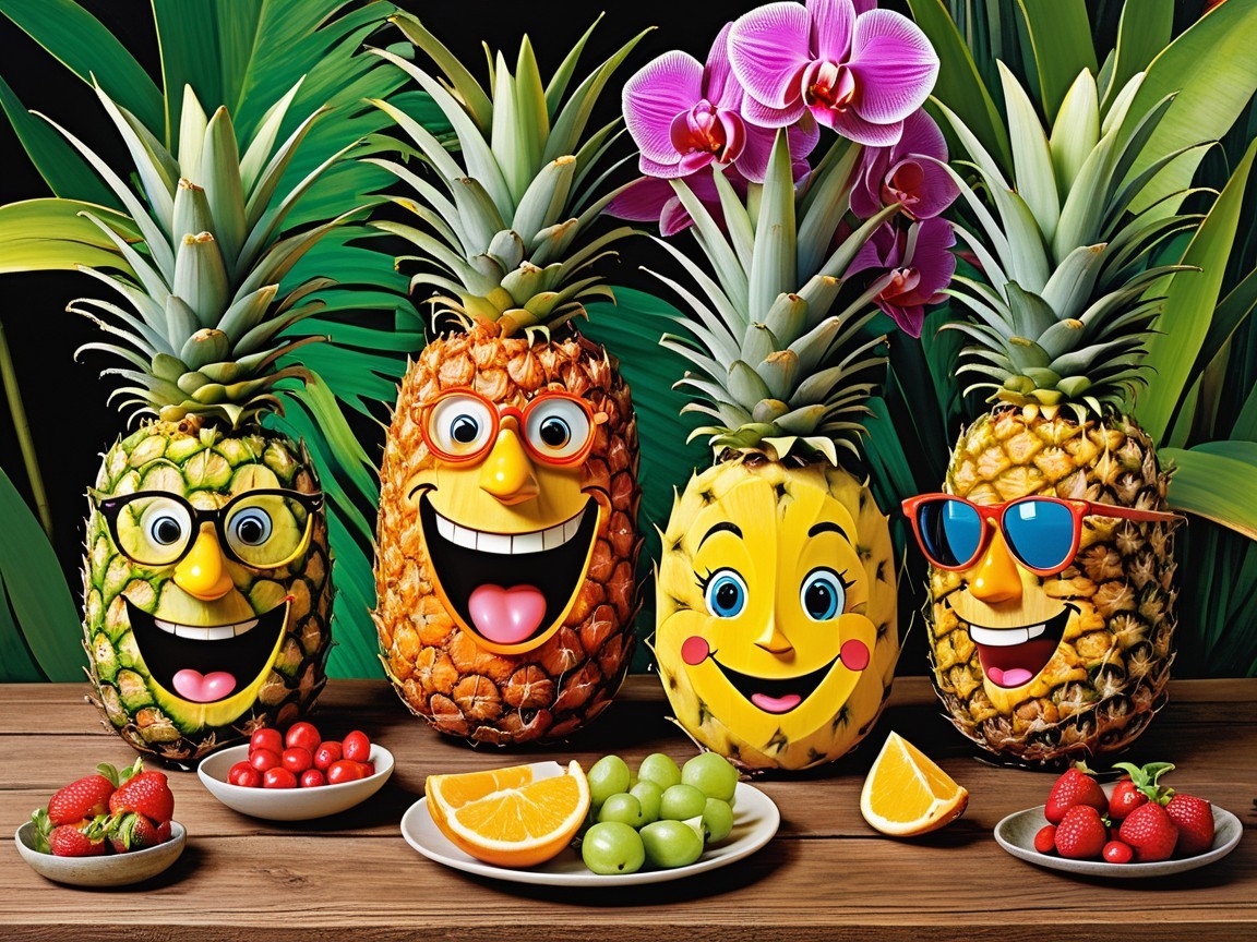 Cheerful Animated Pineapples with Fresh Fruits Display
