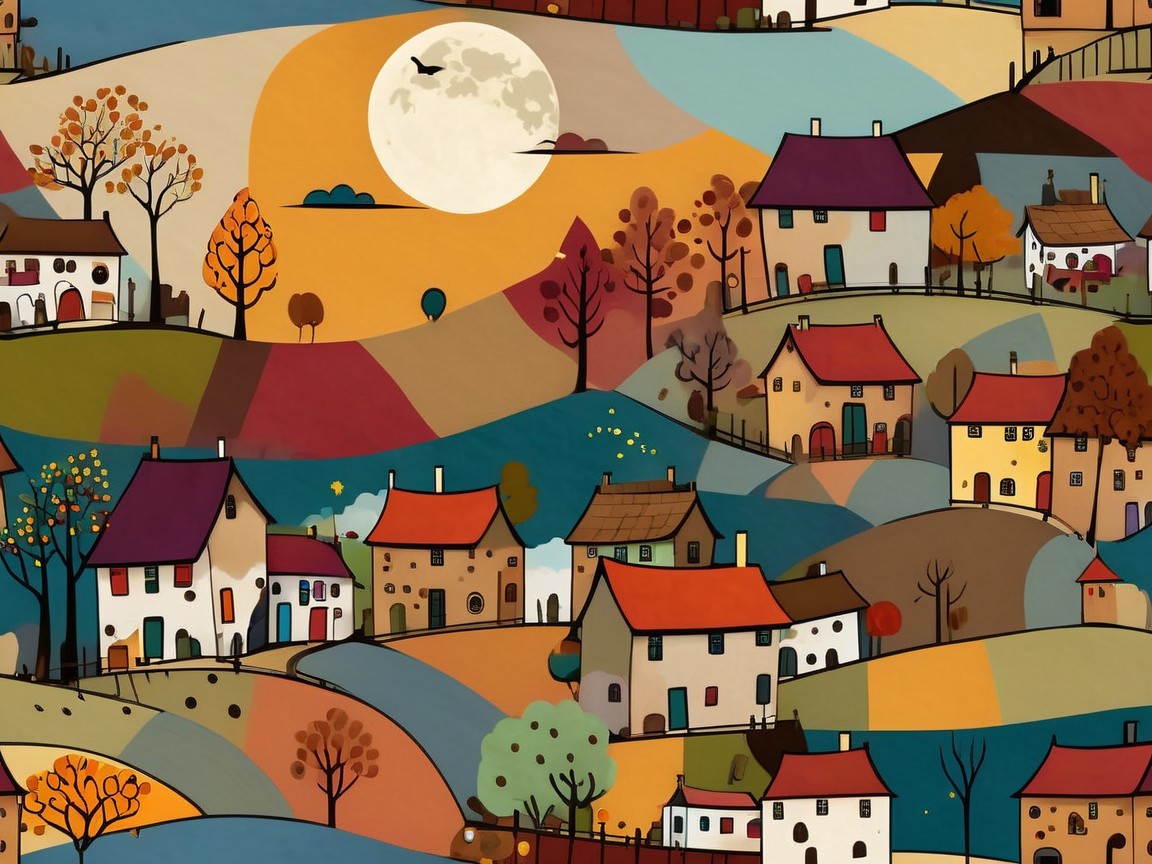 Whimsical Landscape with Colorful Houses and Moon