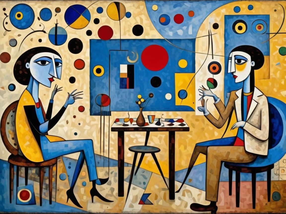 Stylized Figures in Abstract Conversation Artwork