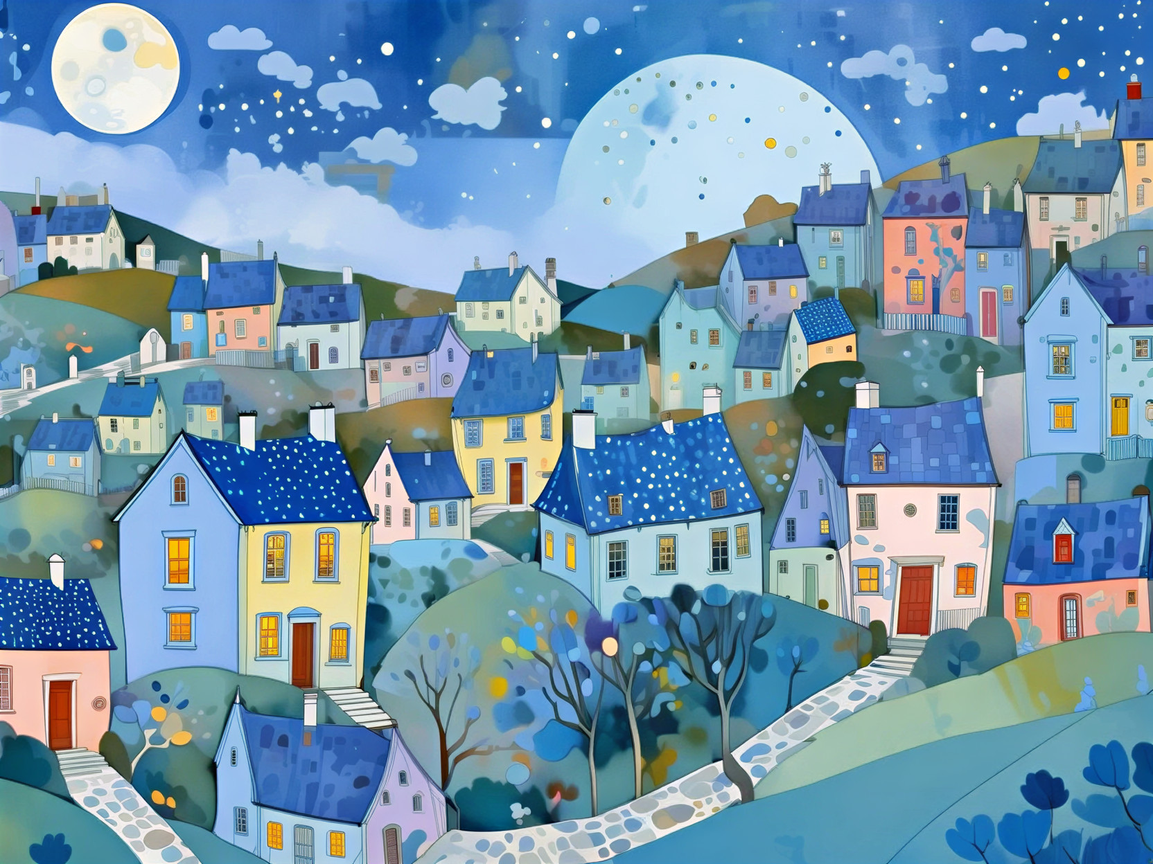 Whimsical Nighttime Village with Colorful Houses