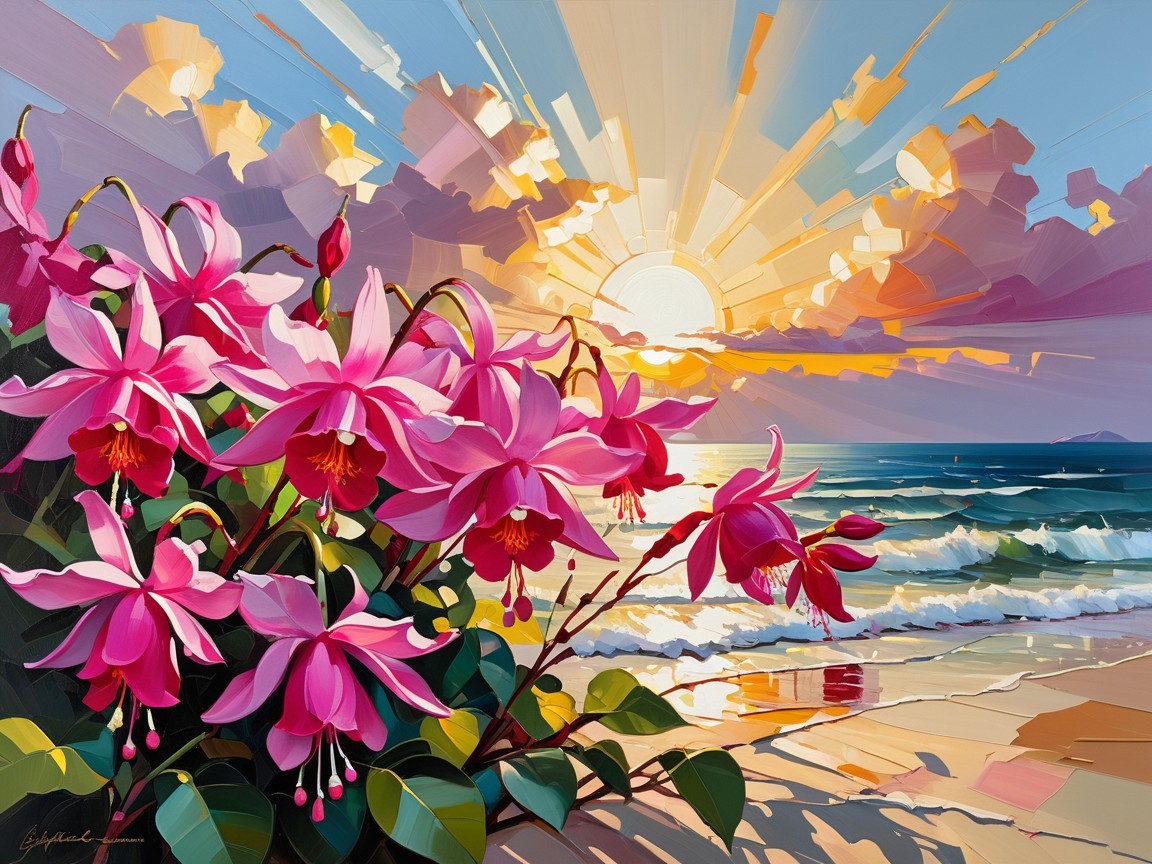 Sunrise Over Beach with Fuchsia Flowers and Waves