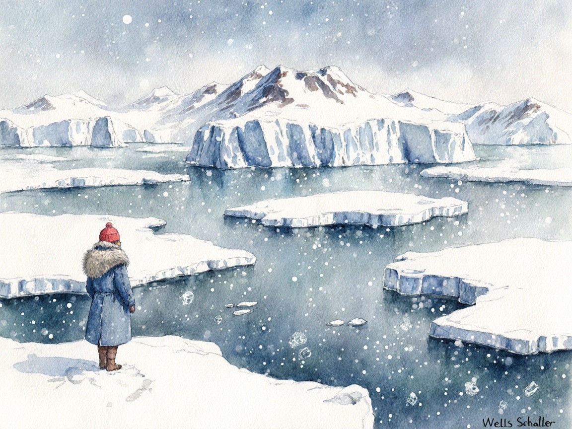 Serene winter scene with figure on icy shoreline