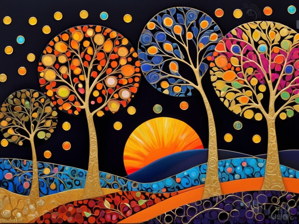 Abstract Landscape with Colorful Trees and Hills