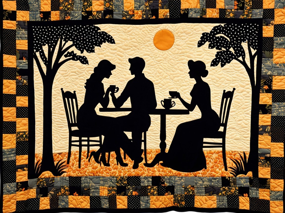 Quilt with Silhouette Design of Figures at Table