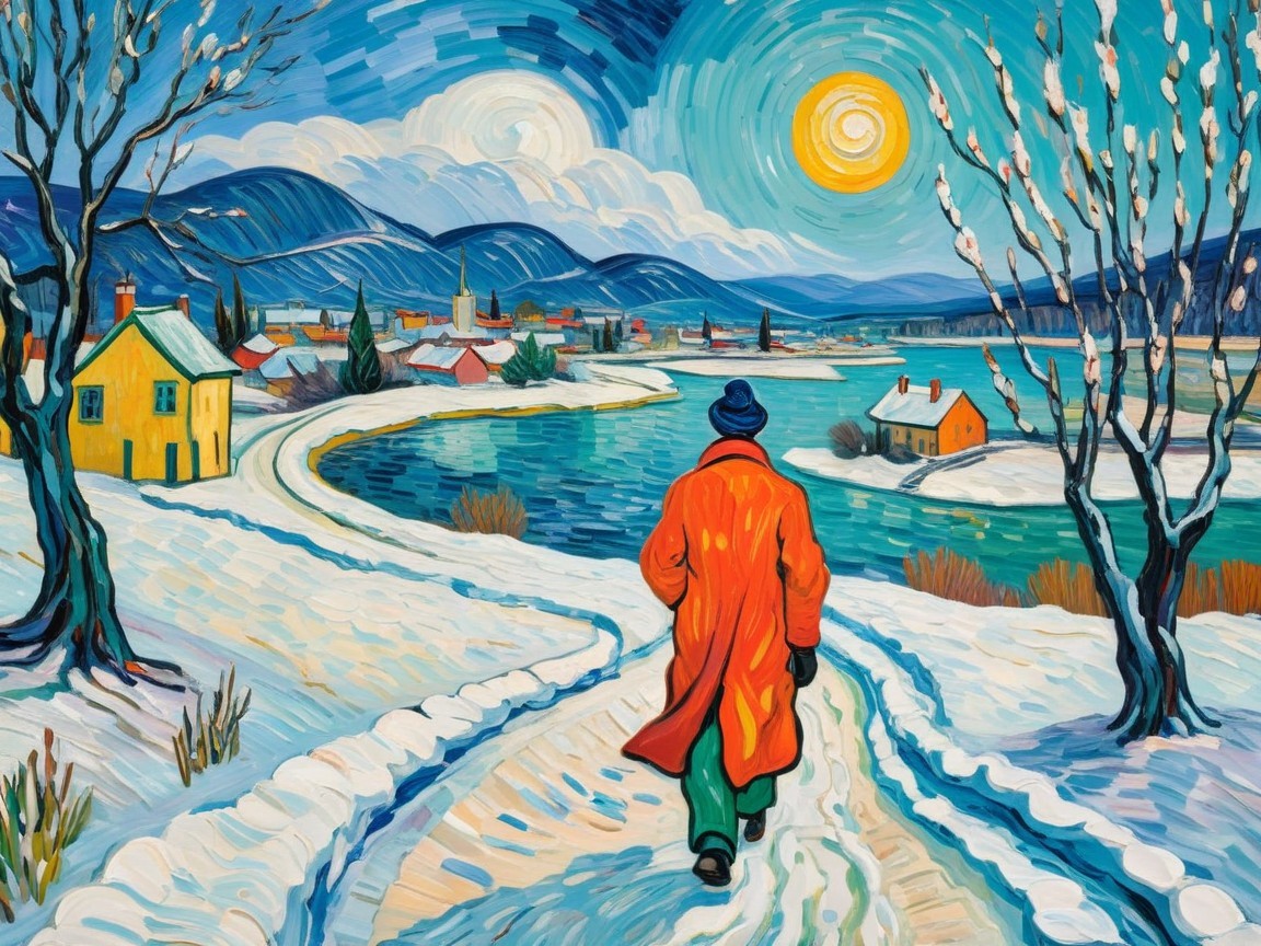 Vibrant Winter Scene with Snow-Covered Path and Sunlight