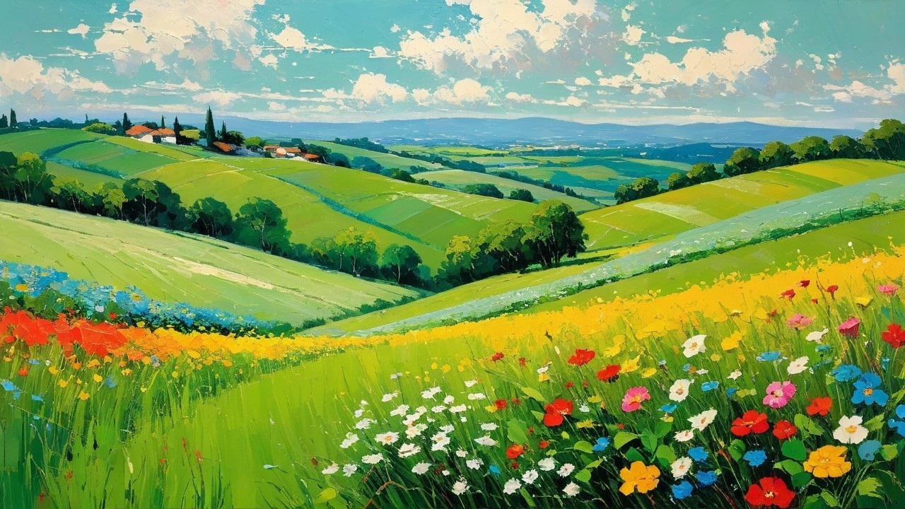 Vibrant Landscape with Green Hills and Wildflowers