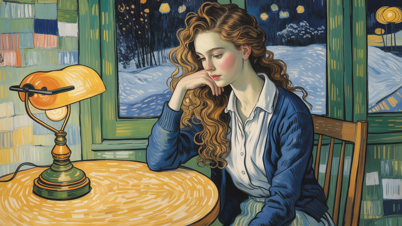 Young woman gazing out window in cozy winter setting