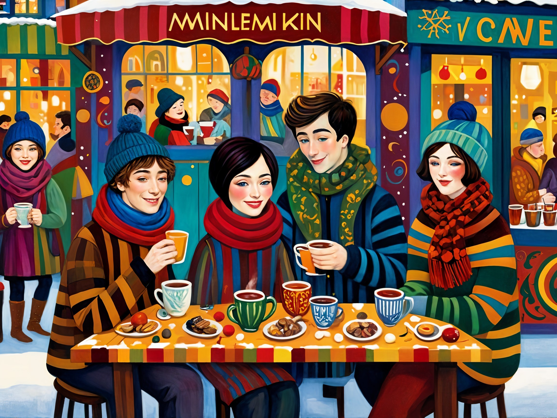 Winter Café Scene with Friends and Festive Decor