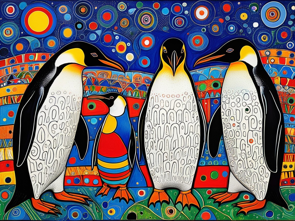 Abstract Artwork of Stylized Penguins on Colorful Background