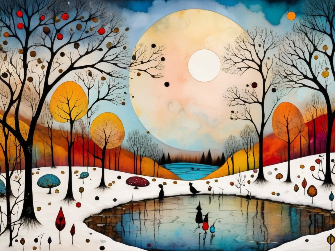 Winter Wonderland Scene with Moon and Leafless Trees
