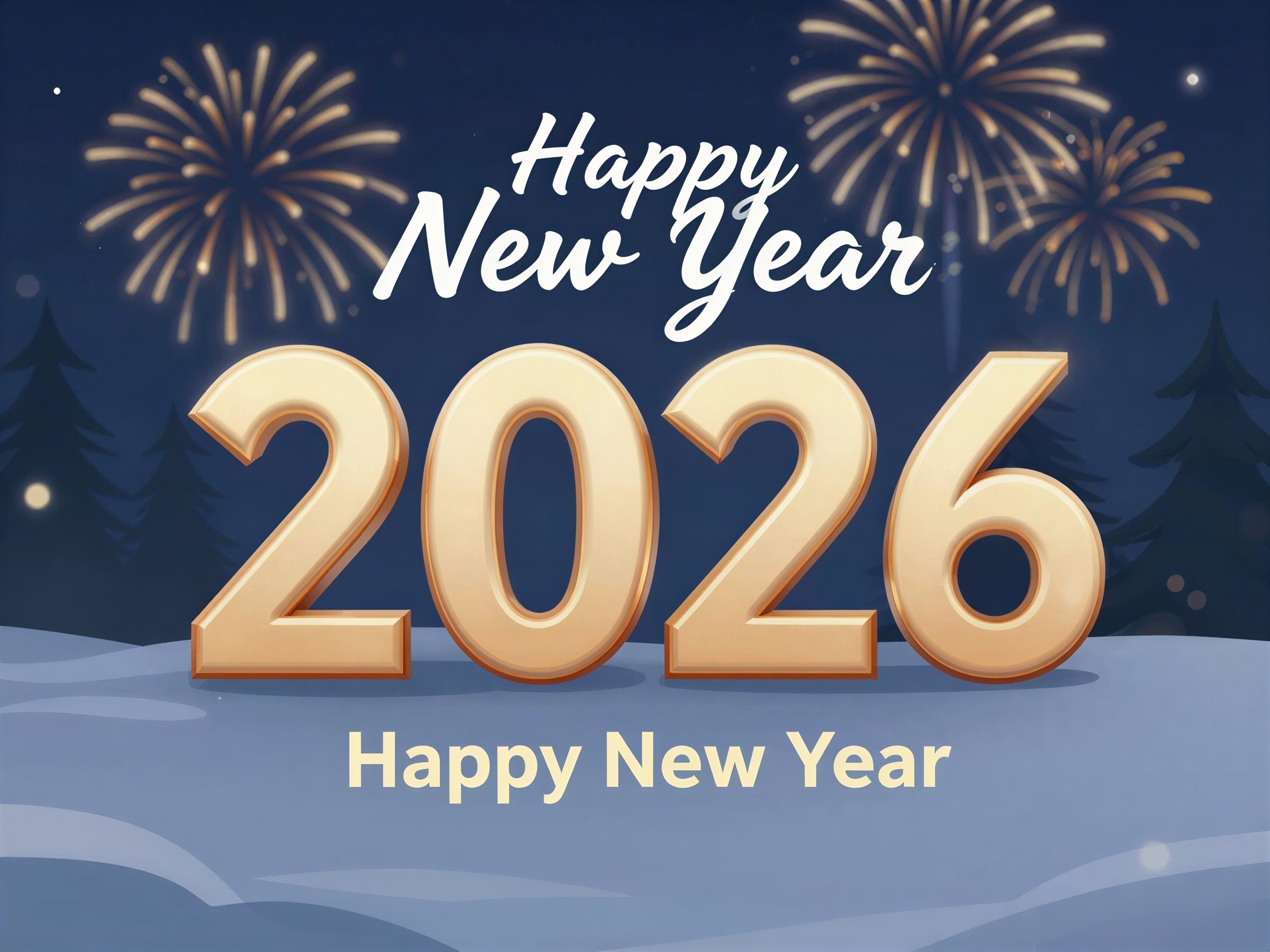 New Year's 2026 Card Design with Fireworks and Snow