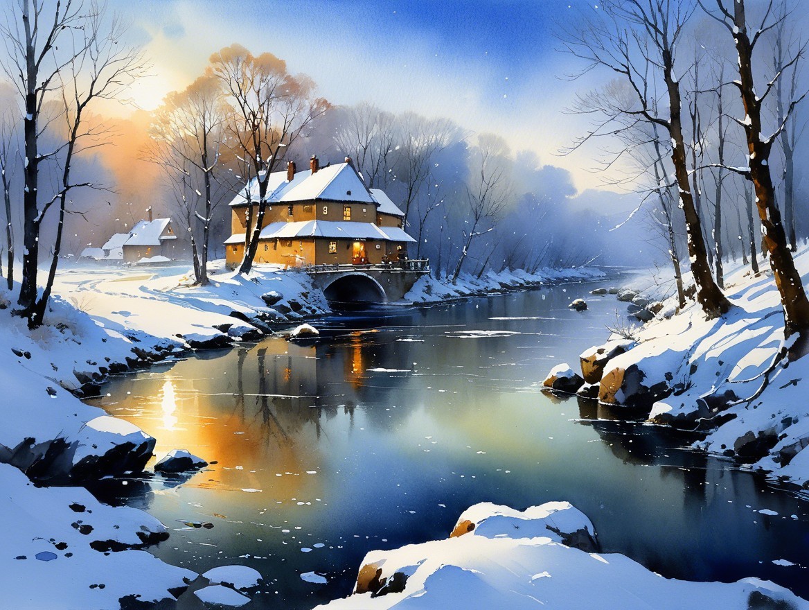 Winter Landscape with House by Flowing River