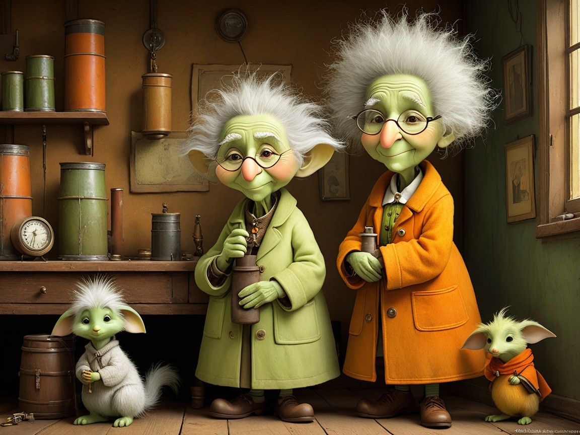 Whimsical Elderly Creatures in Vintage Workshop Setting