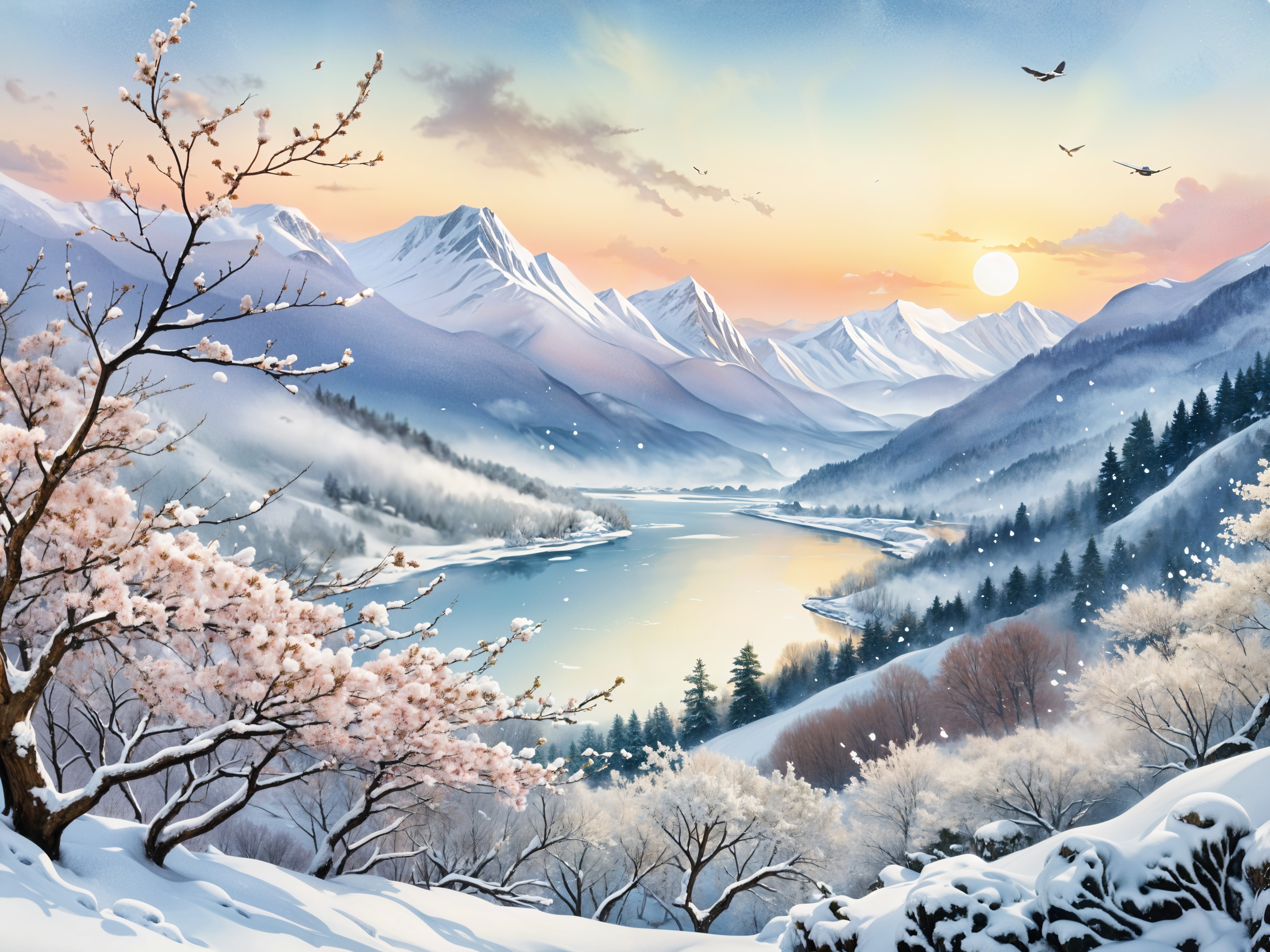 Serene winter landscape with snow-covered mountains