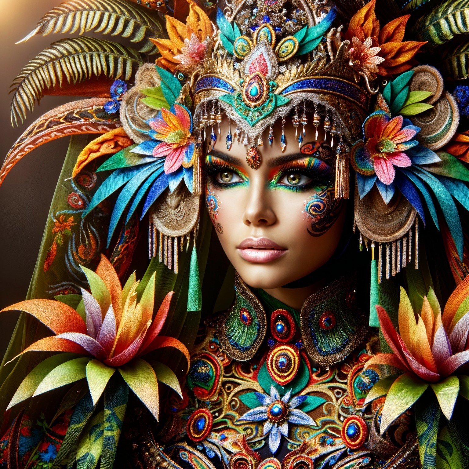 Portrait of a model in vibrant feathered headdress