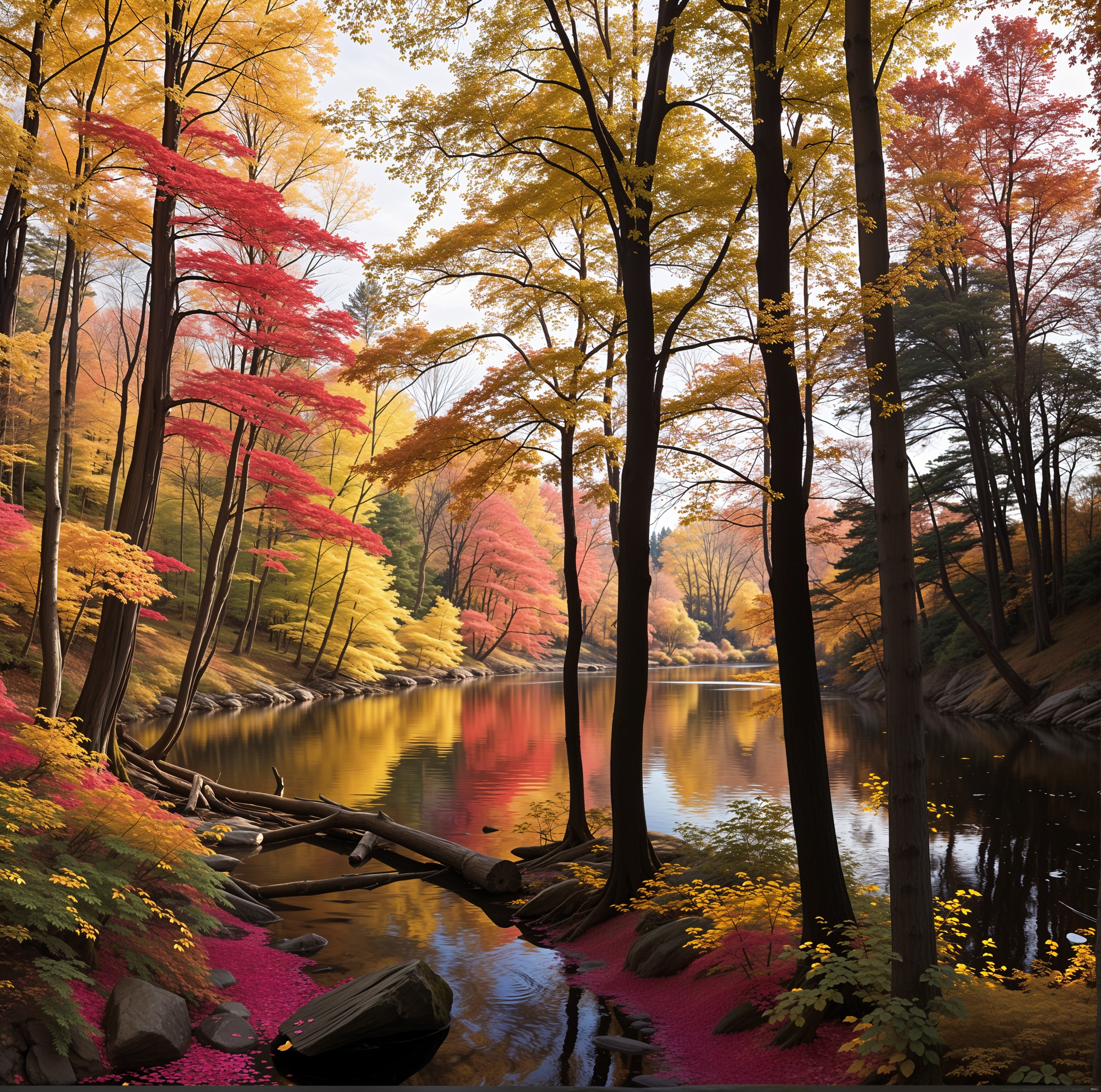 Vibrant Autumn Landscape with Calm River Reflection