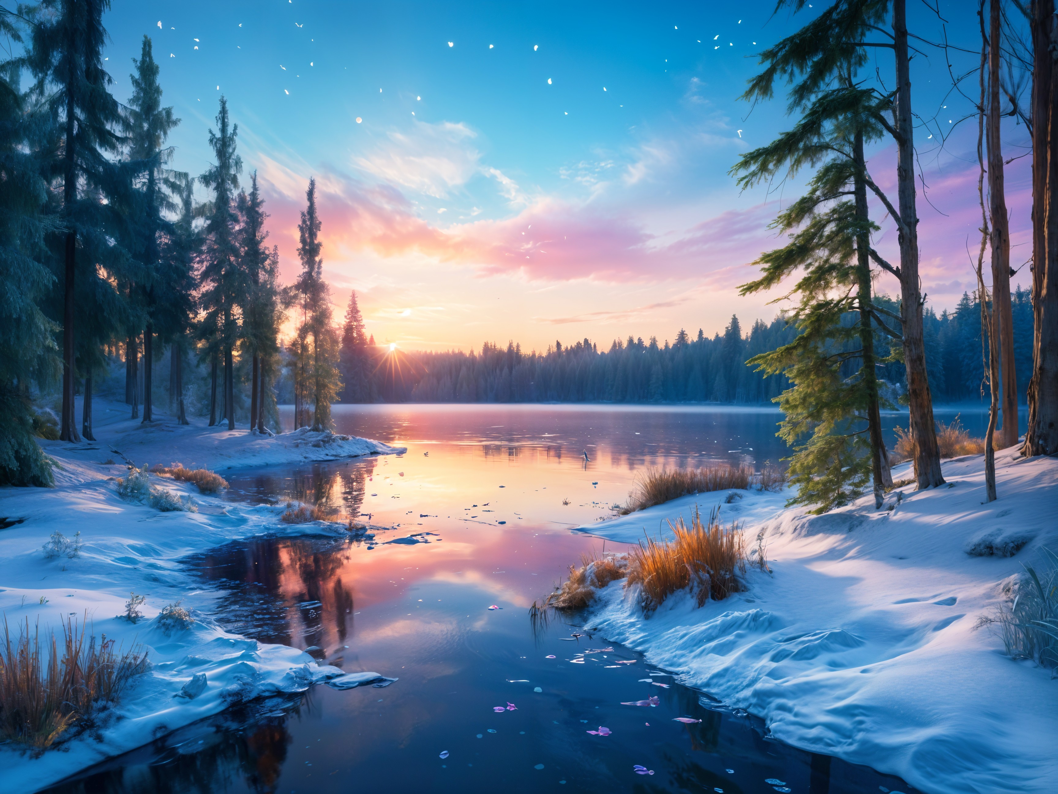 Serene Winter Landscape with Tranquil Lake and Sunset