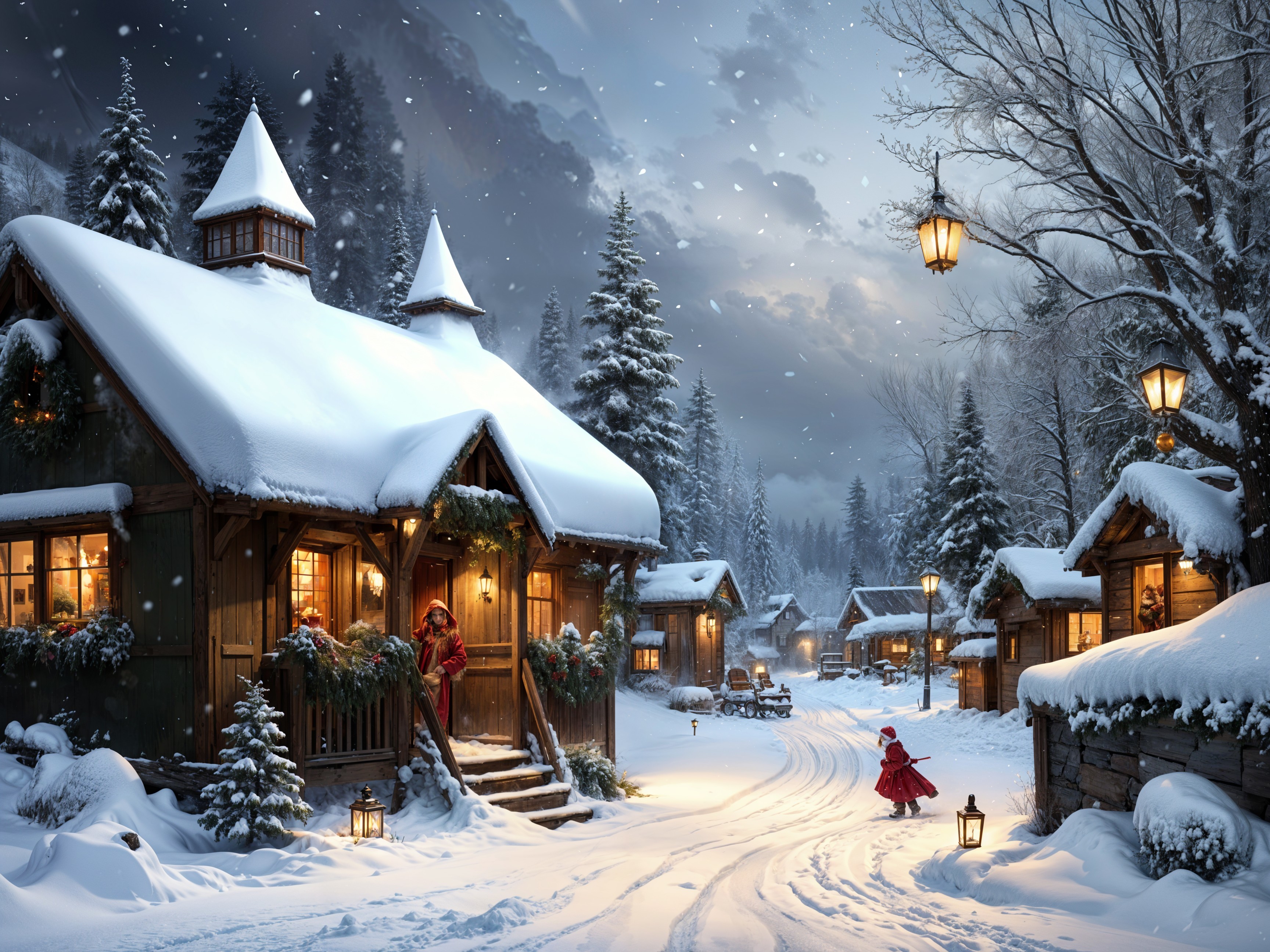 Winter Village Scene with Snow and Cozy Cottages
