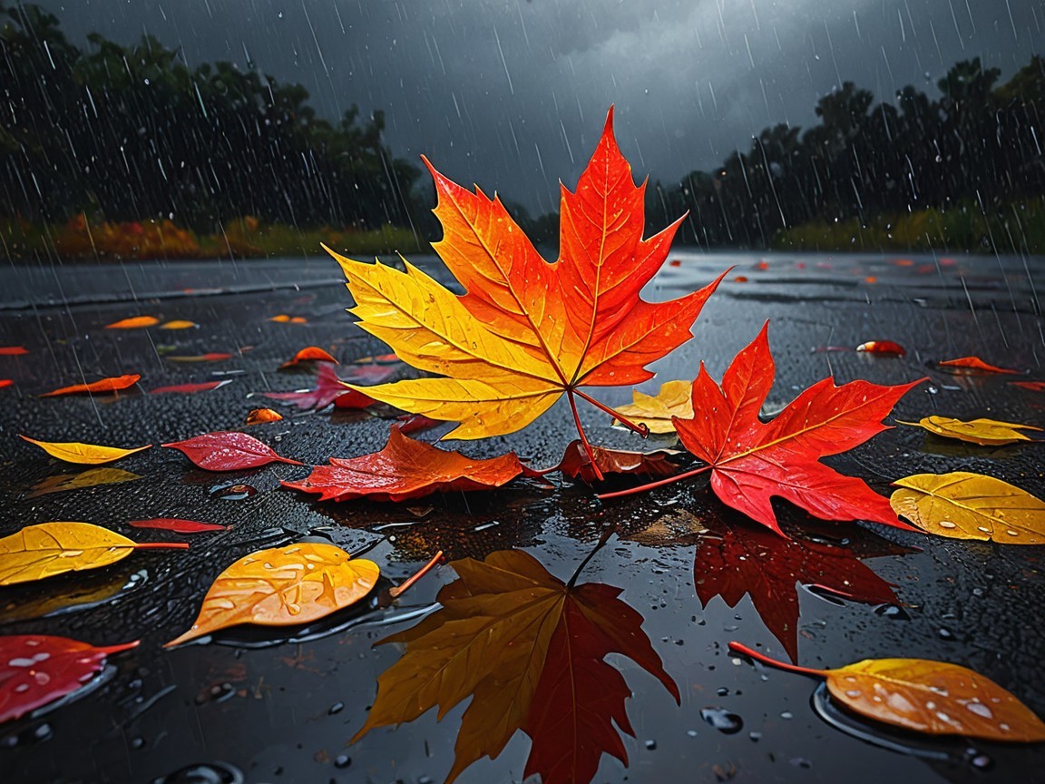 Autumn Leaves on Wet Surface with Raindrops and Clouds