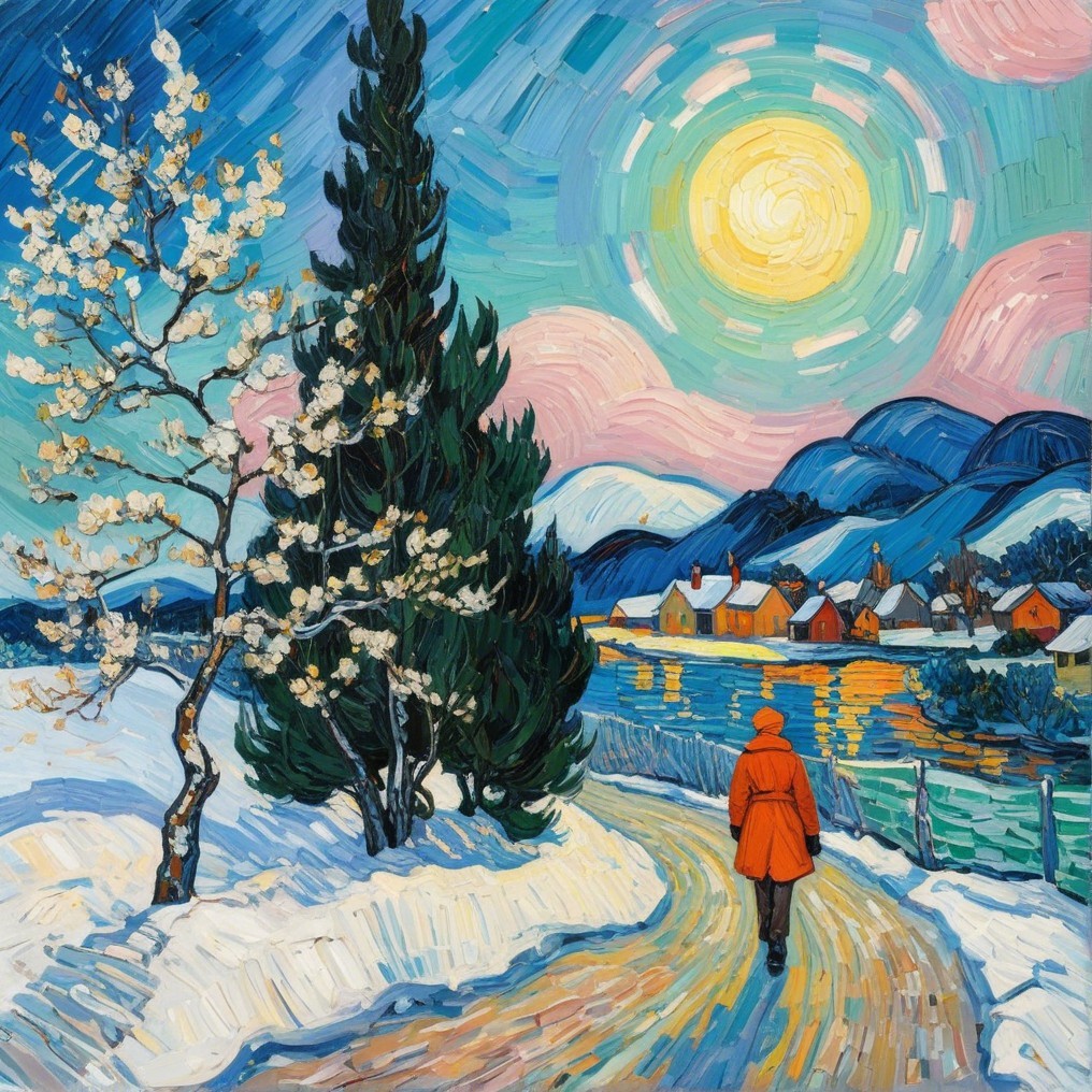 Vibrant winter scene with figure on snow-covered path