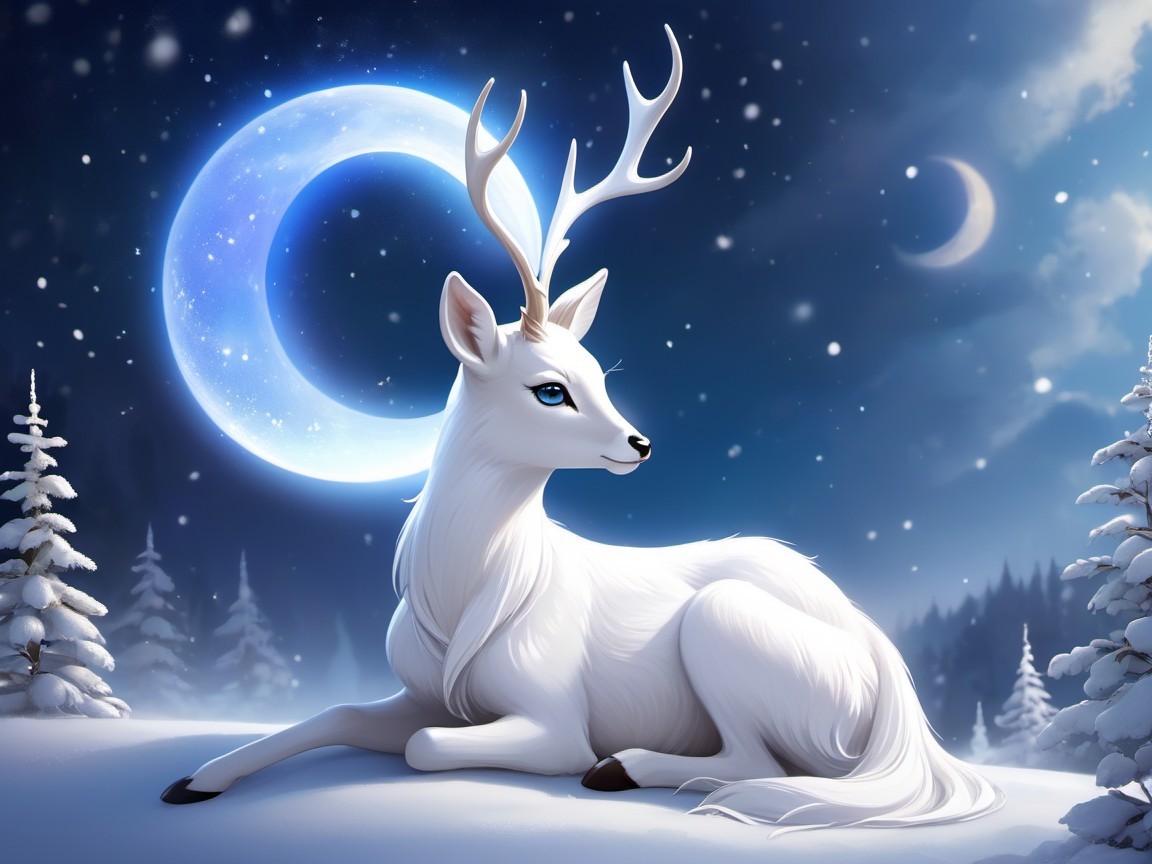 Winter Landscape with White Deer and Moonlit Sky